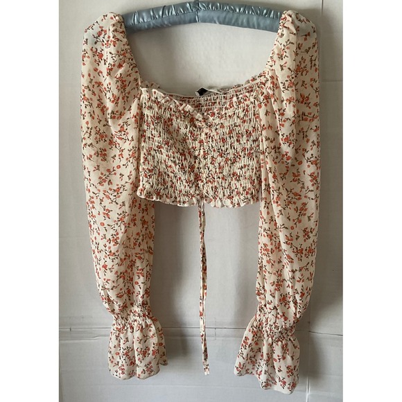O.Vianca Tops - O.VIANCA Womens Medium Floral Smocked Crop Top Long Balloon Sleeve Orange Cream